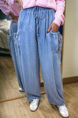 Beau Blue Drawstring Elastic Waist Pocketed Loose Denim Pants