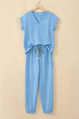Apricot Pink Solid Color V Neck Tee Drawstring Pant Set