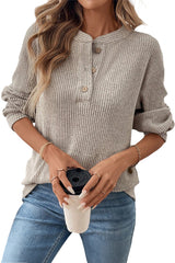 Clearly Aqua Ribbed Texture Drop Shoulder Henley Knit Top