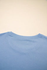 Sky Blue Solid Color Contrast Textured Patchwork Raw Edge 2pcs Short Set