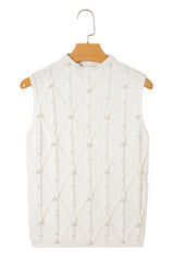White Pearl High Neck Textured Knit Sweater Vest