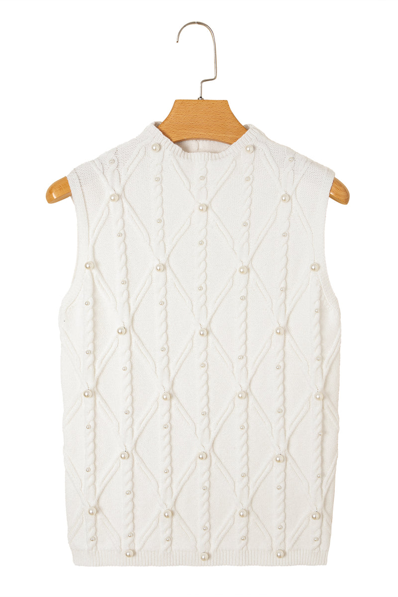 White Pearl High Neck Textured Knit Sweater Vest