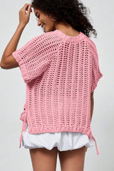 Black Plus Size Open Knit Bow Tie Short Sleeve Sweater