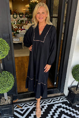 Black Collared V Neck Shirred Detail Contrast Leopard Trim Long Dress