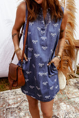 Sky Blue Bow Collared V Neck Sleeveless Denim Mini Dress with Pockets