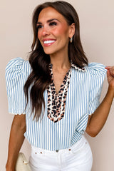 Sky Blue Stripe Ricrac Trim Short Puff Sleeve Leopard Patchwork Collar V Neck Blouse