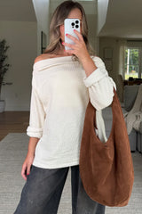 Old Rose Solid Color Waffle Knit Asymmetric Neck Long Sleeve Top