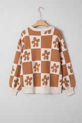 Red Dahlia Flower Colorblock Checkered Henley Sweater