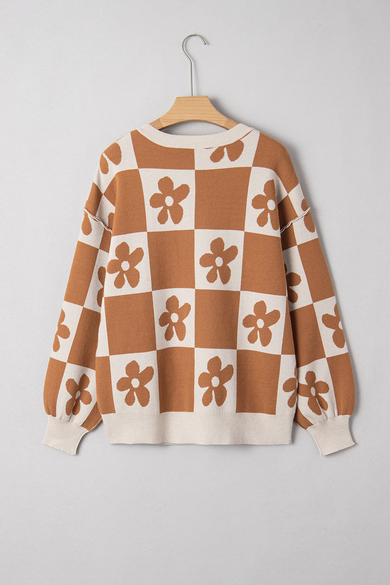 Red Dahlia Flower Colorblock Checkered Henley Sweater
