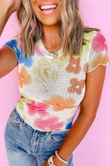 Multicolour Floral Lettuce Trim Cropped Mesh Top