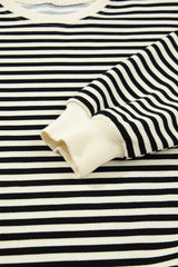 Black Stripe Textured Drop Shoulder Pullover Top Drawstring Mini Skirt Two Piece Dress Set