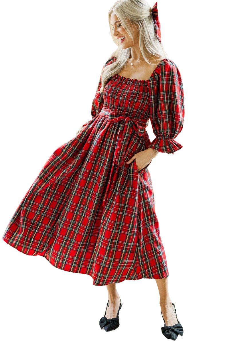 Green Plaid Square Neck Puff Sleeve Bowknot Waist Flared Midi Dress