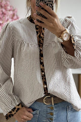 Brown Stripe Leopard Print Patchwork Puff Sleeve Shirt
