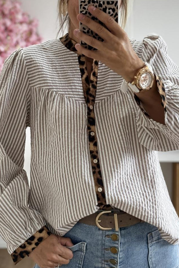 Brown Stripe Leopard Print Patchwork Puff Sleeve Shirt