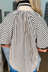 Black Stripe Polo Collar Half Zip Short Puff Sleeve Blouse