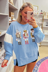 Light Pink Sequin Nutcracker Textured Sleeve Patchwork Sweatshirt