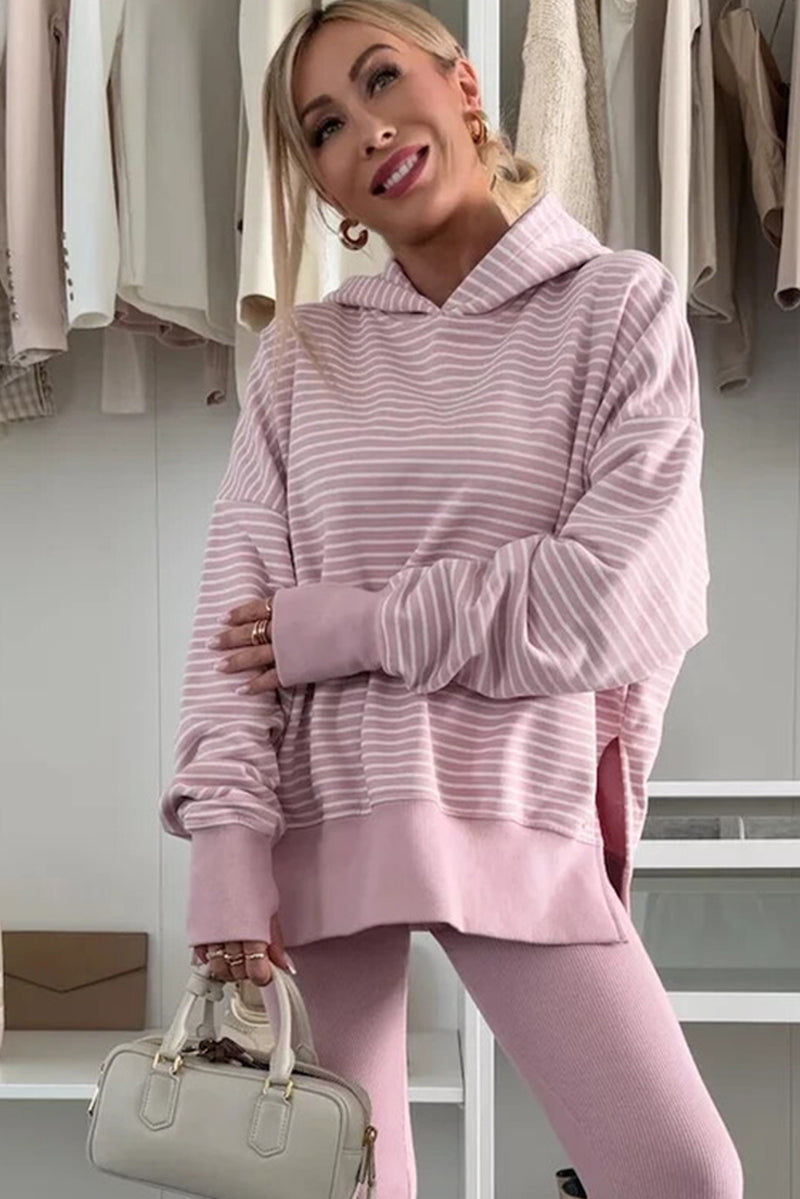 Purple Stripe Thumbhole Side Slits Drop Shoulder Loose Fit Hoodie