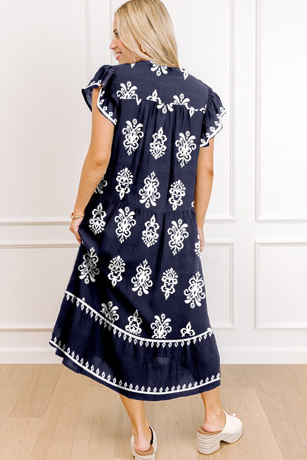 Western Ethnic Print Notched Neck Short Sleeve Midi Dress