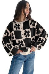 Red Dahlia Flower Colorblock Checkered Henley Sweater