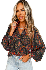 Black Floral Print Collared Button Up Puff Sleeve Shirt