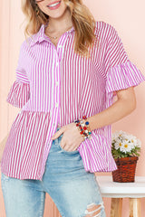 Pink Striped Patchwork Ruffle Button Up Shirt