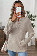 Clearly Aqua Ribbed Texture Drop Shoulder Henley Knit Top