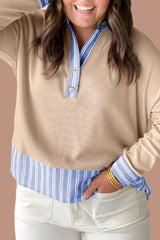 Parchment Plus Size Striped Contrast Trim Waffle Knit Collared Top