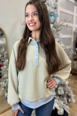 Beau Blue Striped Henley Collar Textured Sweatshirt
