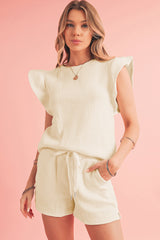 Black Textured Ruffle Sleeve Tee and Drawstring Shorts Set