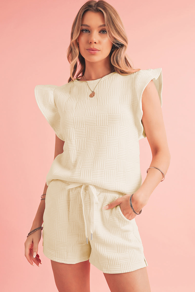 Black Textured Ruffle Sleeve Tee and Drawstring Shorts Set
