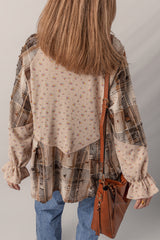 Mist Green Boho Floral Plaid Patchwork Waffle Knit Distressed Jacket