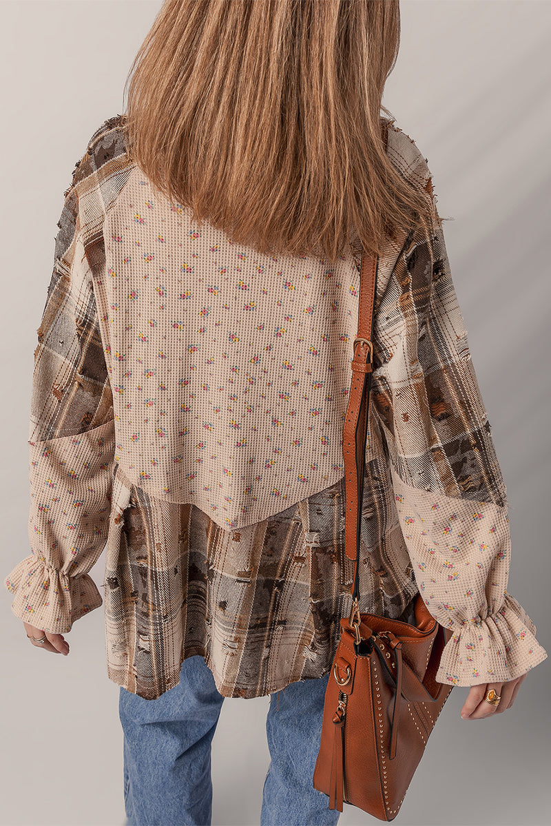 Mist Green Boho Floral Plaid Patchwork Waffle Knit Distressed Jacket