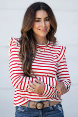 Red Striped Ruffle Shoulder Long Sleeve Top