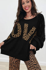 Black Oversized Leopard LOVE Letter Graphic Round Neck Sweatshirt