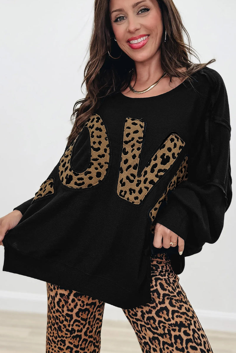 Black Oversized Leopard LOVE Letter Graphic Round Neck Sweatshirt