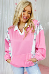 Bonbon Colorblock Polo Collar Floral Patchwork Puff Sleeve Top