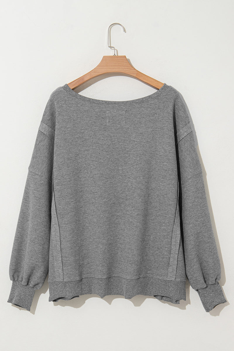 Pink Waffle Bishop Sleeve Split Oversized Sweatshirt