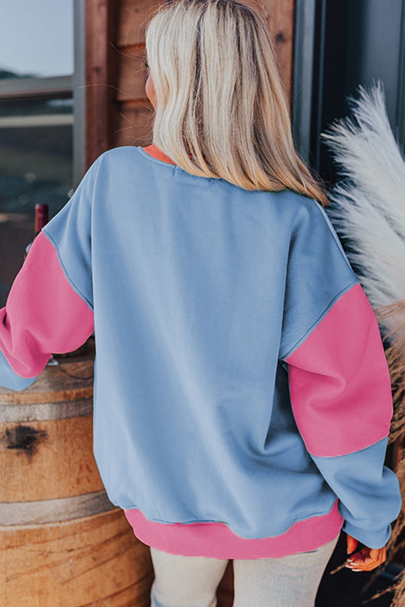 Sky Blue Colorblock Patchwork Drop Shoulder Sweatshirt