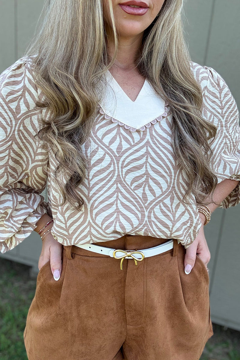 Brown Leaf Print Standing Collar Puff Sleeve Top