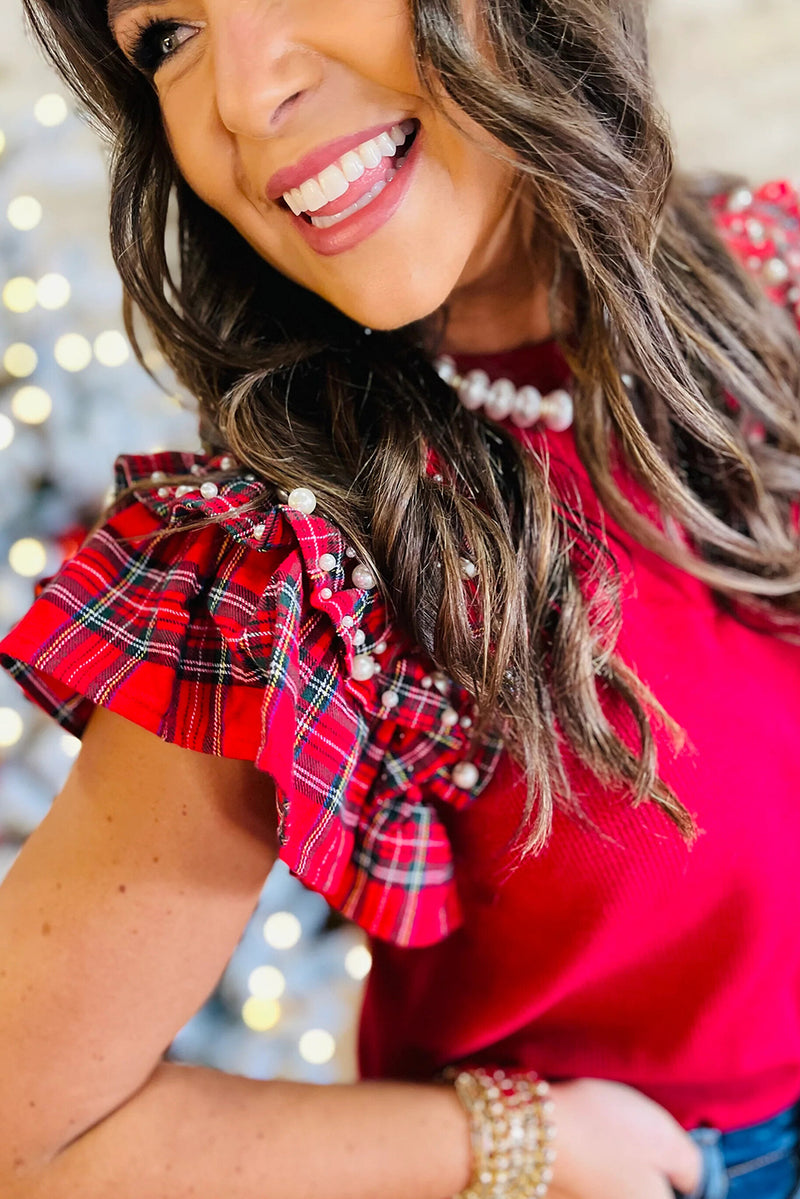 Racing Red Pearl Plaid Ruffle Sleeve Loose T Shirt
