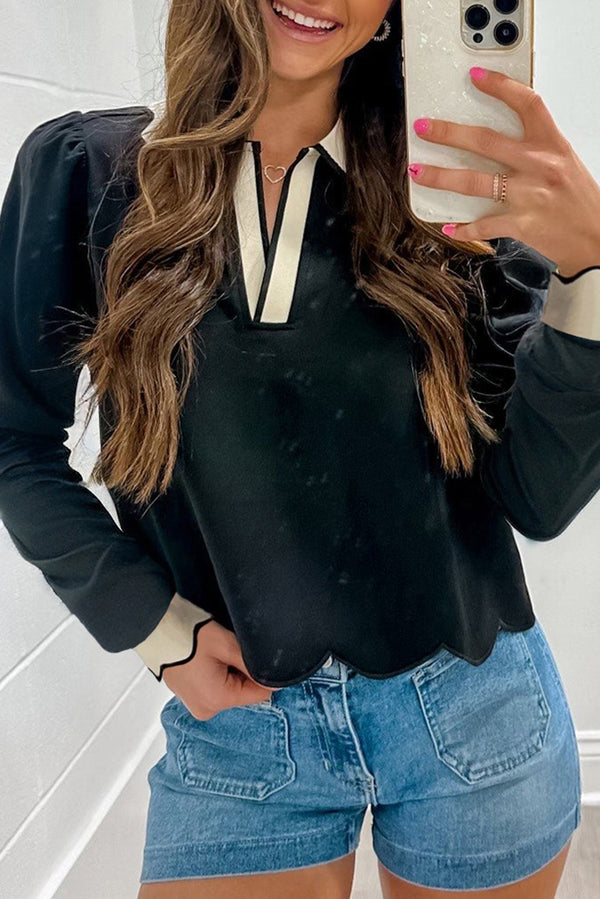 Black Scallop Trim Colorblock Long Sleeve Collared Top
