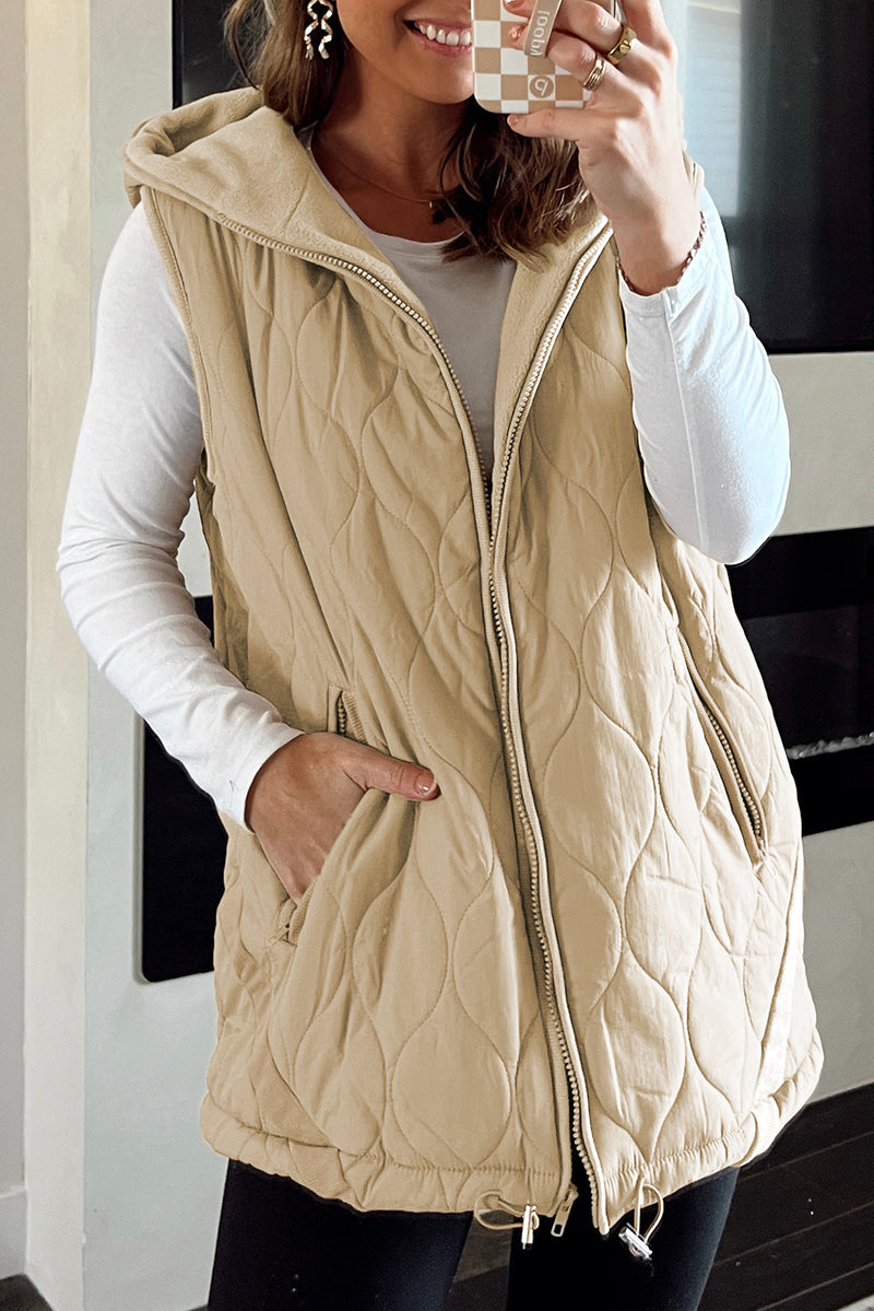Pale Khaki Quilted Padded Casual Winter Jacket Vest with Fleece Lining