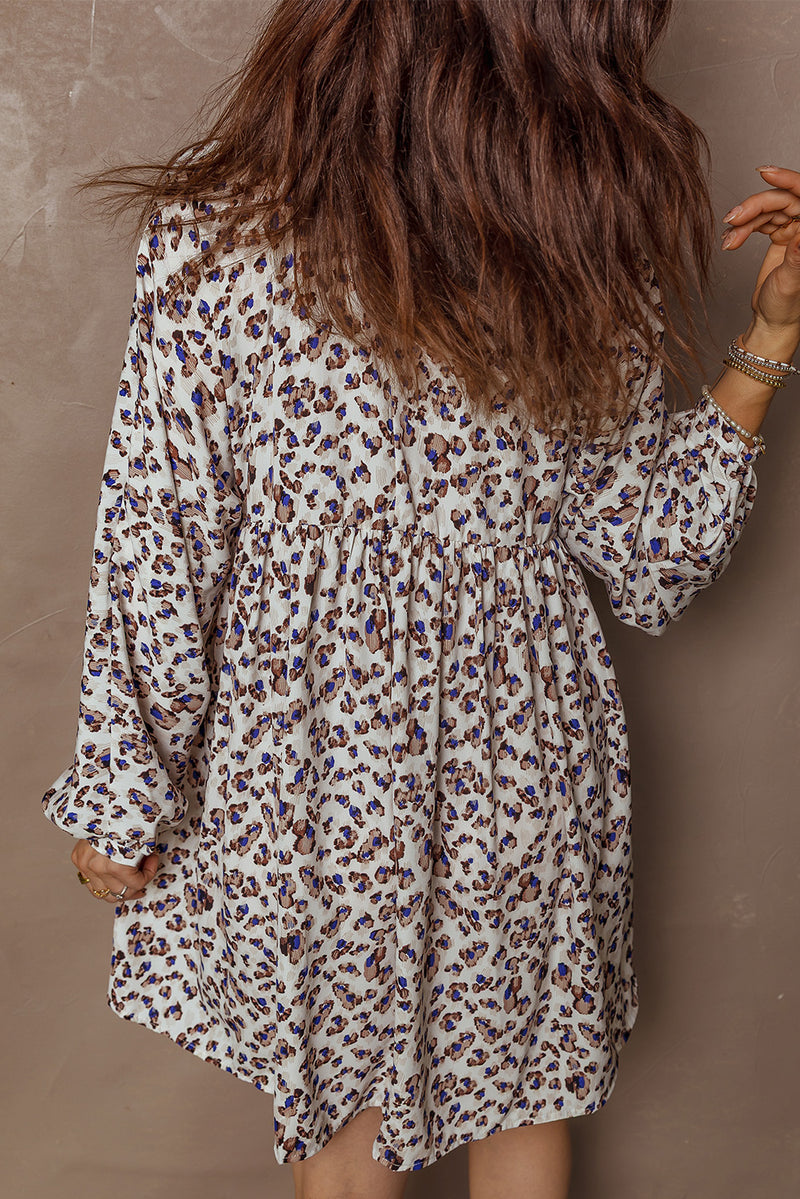 Multicolour Unique Leopard Print V Neck Button Detail Long Sleeve Mini Dress