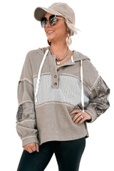 Gray Waffle Patchwork Drawstring Hooded Long Sleeve Top