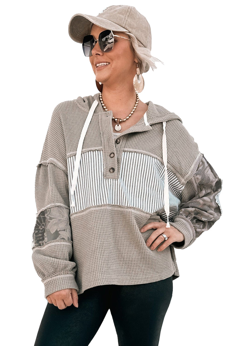 Gray Waffle Patchwork Drawstring Hooded Long Sleeve Top