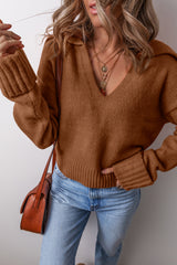 Racing Red Ribbed Edge Collared V Neck Loose Fit Sweater