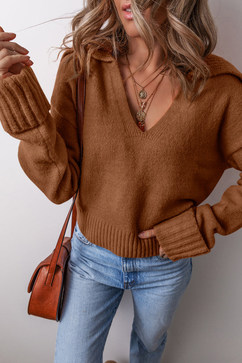 Racing Red Ribbed Edge Collared V Neck Loose Fit Sweater