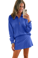 Dark Blue Half Zip Pullover Mini Skirt 2pcs Outfit