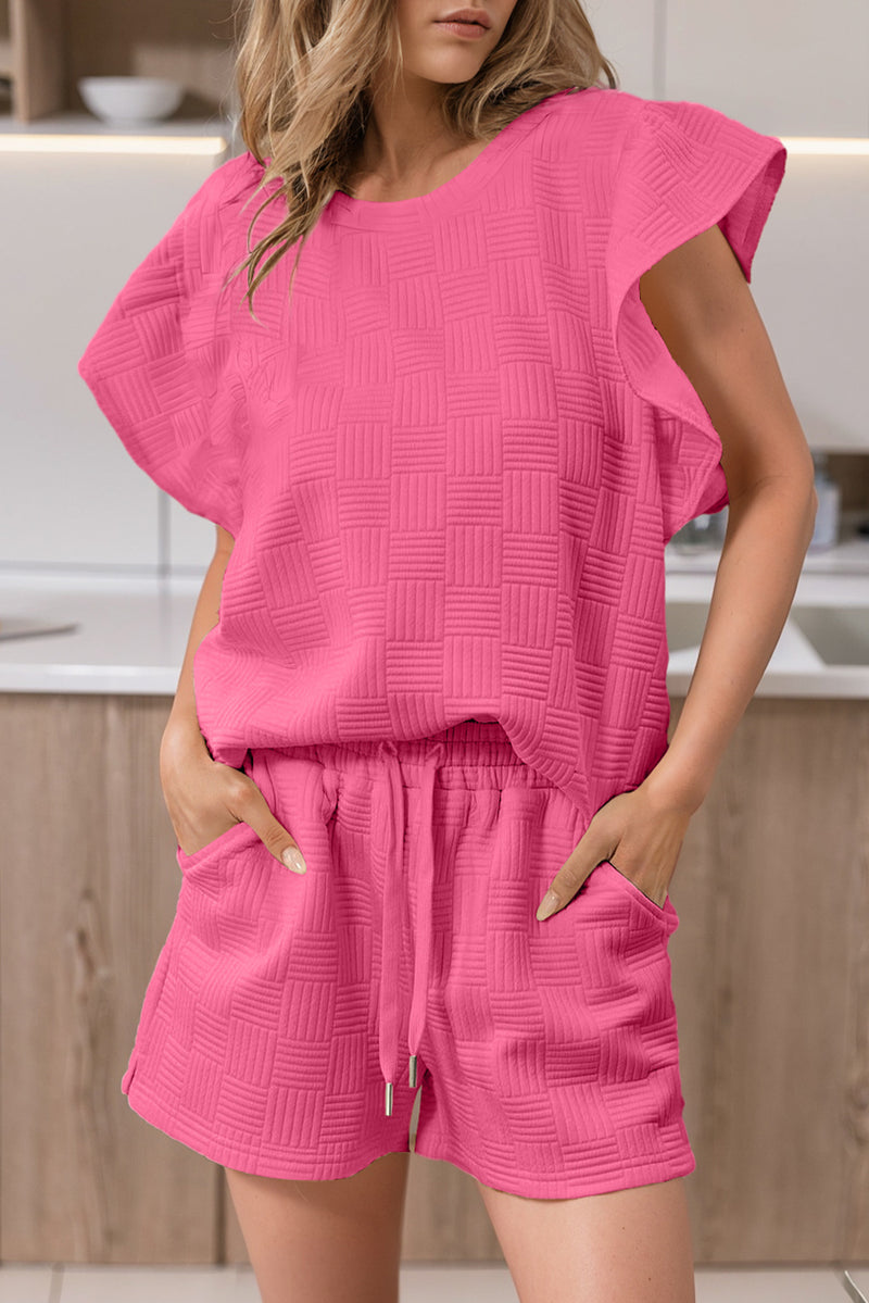Black Textured Ruffle Sleeve Tee and Drawstring Shorts Set
