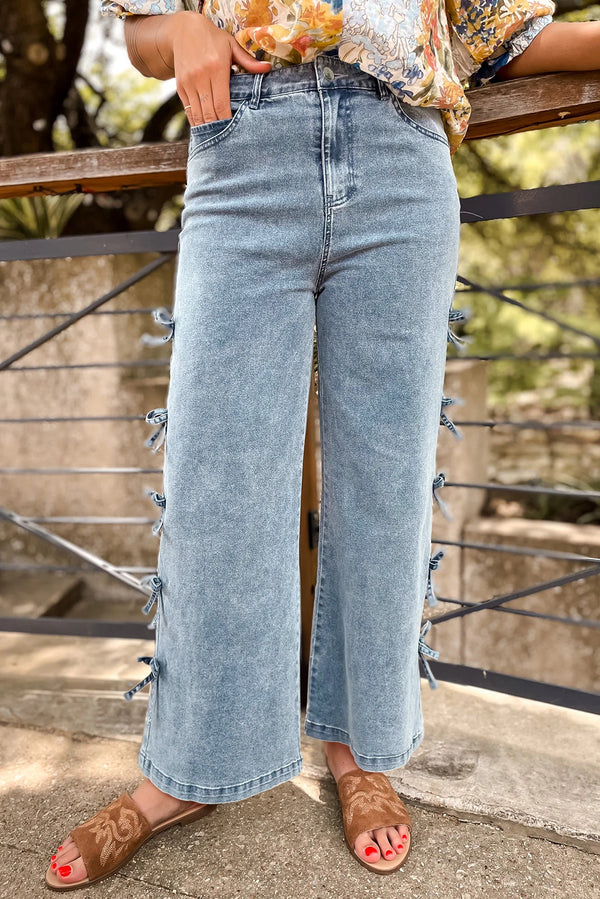 Beau Blue Bow Knot Side Detail Straight Leg Loose Jeans